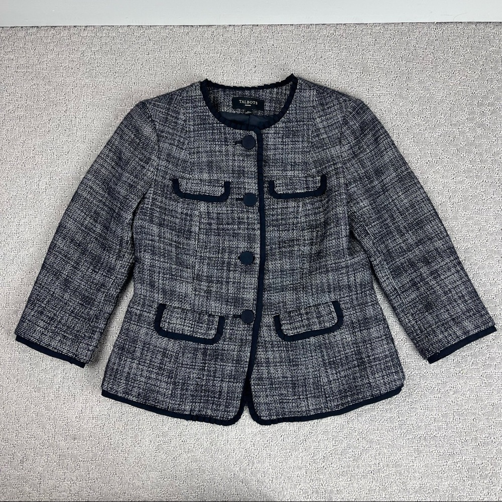 Talbots petites‎ navy tweed ribboned 3/4 sleeve jacket
